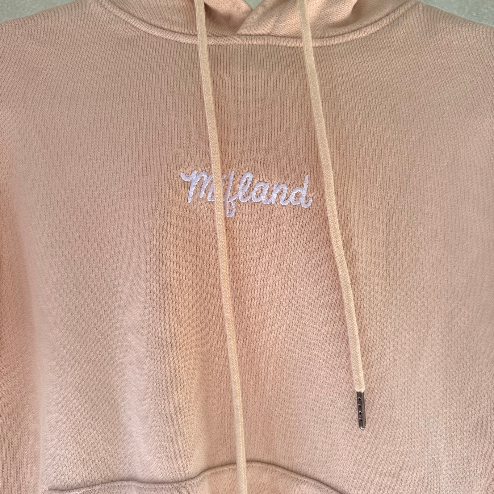 Mifland Hoodie Small Tan Beige Script Logo Colorful Graphic Back 100% Cotton — image 3 of 7